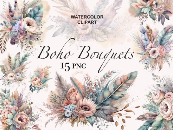 Boho Bouquet: Watercolor Flowers Clipart for Real Embroidery Projects
