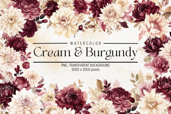 Burgundy Flowers Watercolor Clipart for Local Brand Illustrations