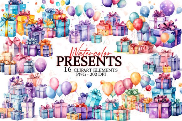 Colorful Presents Watercolor Sublimation Illustrations