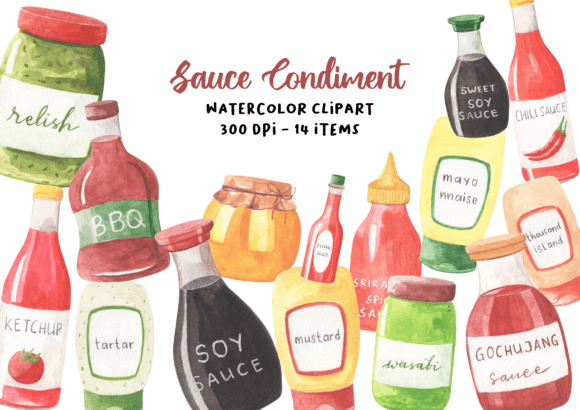 Condiment Sauce Watercolor Clipart for Creative Sellers