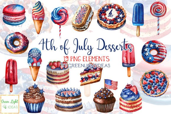 Festive & Flavorful 4th of July Watercolor Desserts Clipart for Branding & Packaging