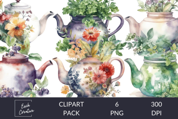 Herbal Teapots Watercolor Clipart: A Visual Designer’s Take for Bloggers & Publishers