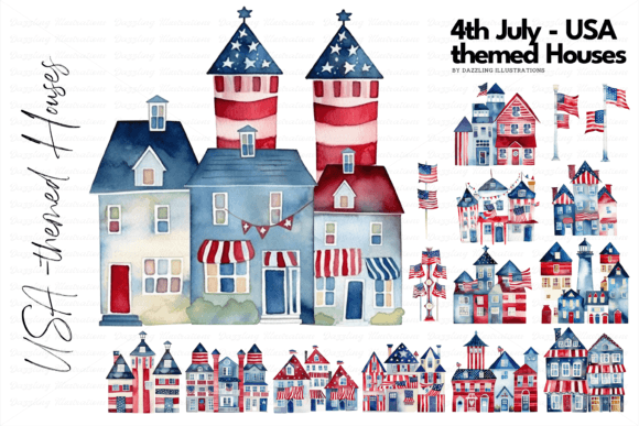 July 4th US-Themed Watercolor Houses Illustrations for Creative Sellers