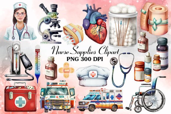 Nurse Supplies Watercolor Clipart Bundle for Illustrations & Digital Products