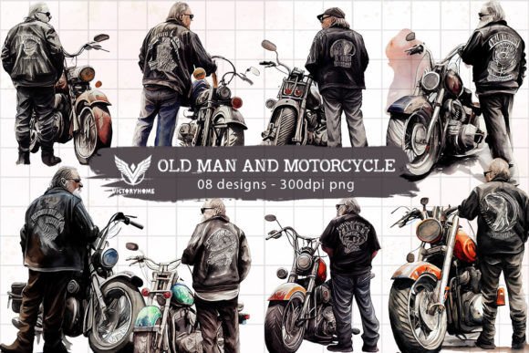 Old Man and Motorcycle Watercolor: A Nostalgic Illustration for Lifestyle Branding