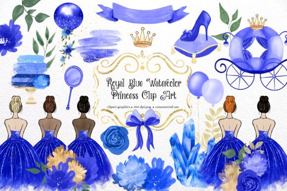 Royal Blue Watercolor Princess Clipart for Branding & Marketing Illustrations