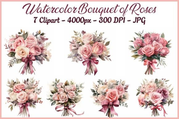 Watercolor Bouquet of Roses Illustrations for Digital Sellers