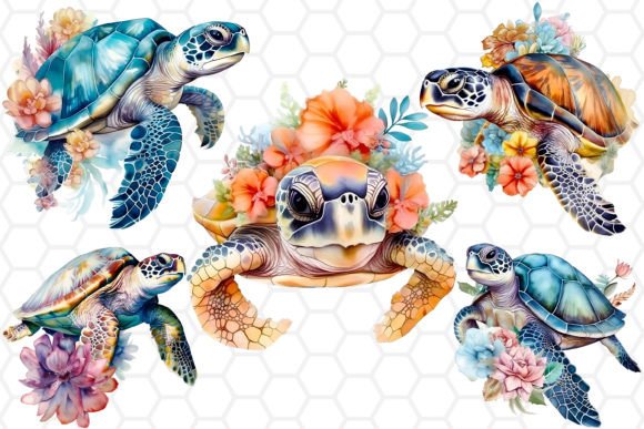 Watercolor Floral Sea Turtle Clipart PNG Review