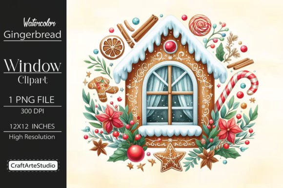 Watercolor Gingerbread Window Clipart Illustrations