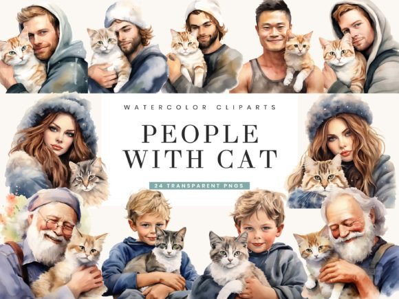 Watercolor People with Cat Clipart Illustrations