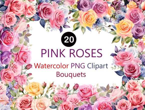 Watercolor Pink Rose Clipart for Wedding Embroidery