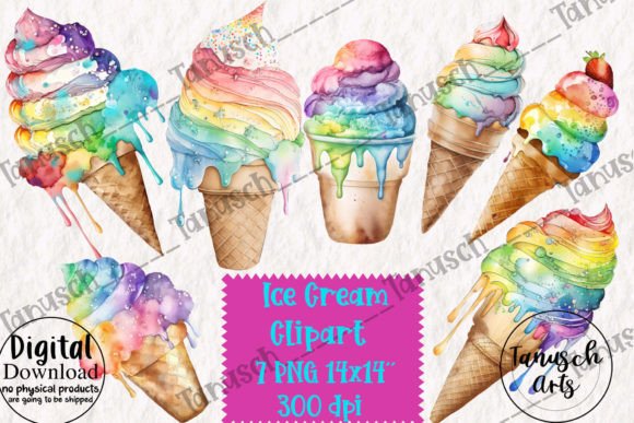 Watercolor Rainbow Ice Cream Clipart for Creative Sellers