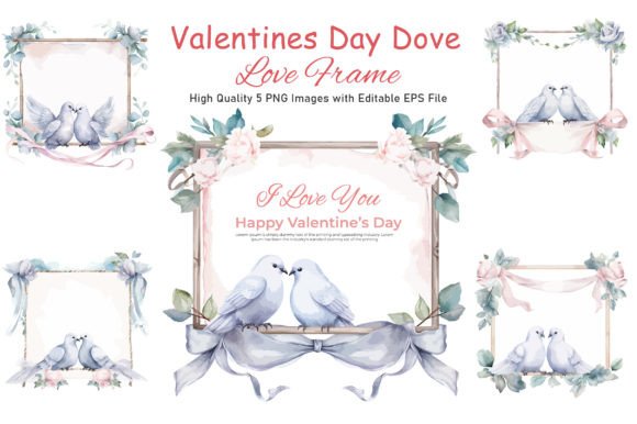 Watercolor Valentine Dove with Frame Art for Illustration Projects