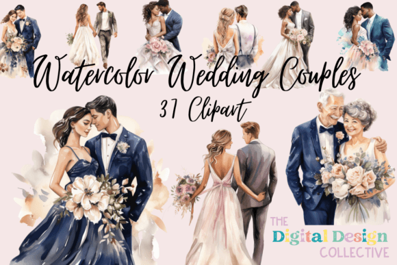 Watercolor Wed Couples Clipart Bundle: Romantic Illustrations for Wedding Blogs and Lifestyle Content